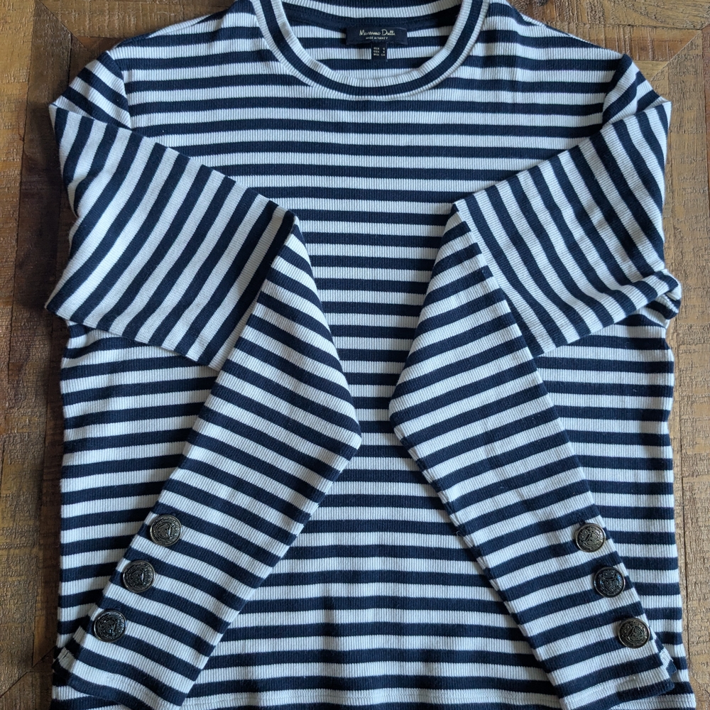 Striped Navy and White Sweater with Button Accents